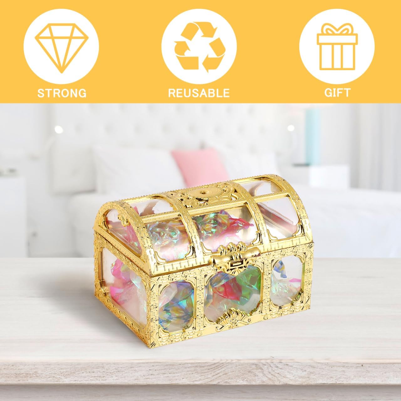 Cabilock 10 Pack Mini Treasure Chest Boxes, Gold Plastic Small Treasure Boxes for Pirate Party Favors, Table Decor, Trinkets, Wrapped Candy, Jewelry Display and Keepsake Storage image 2