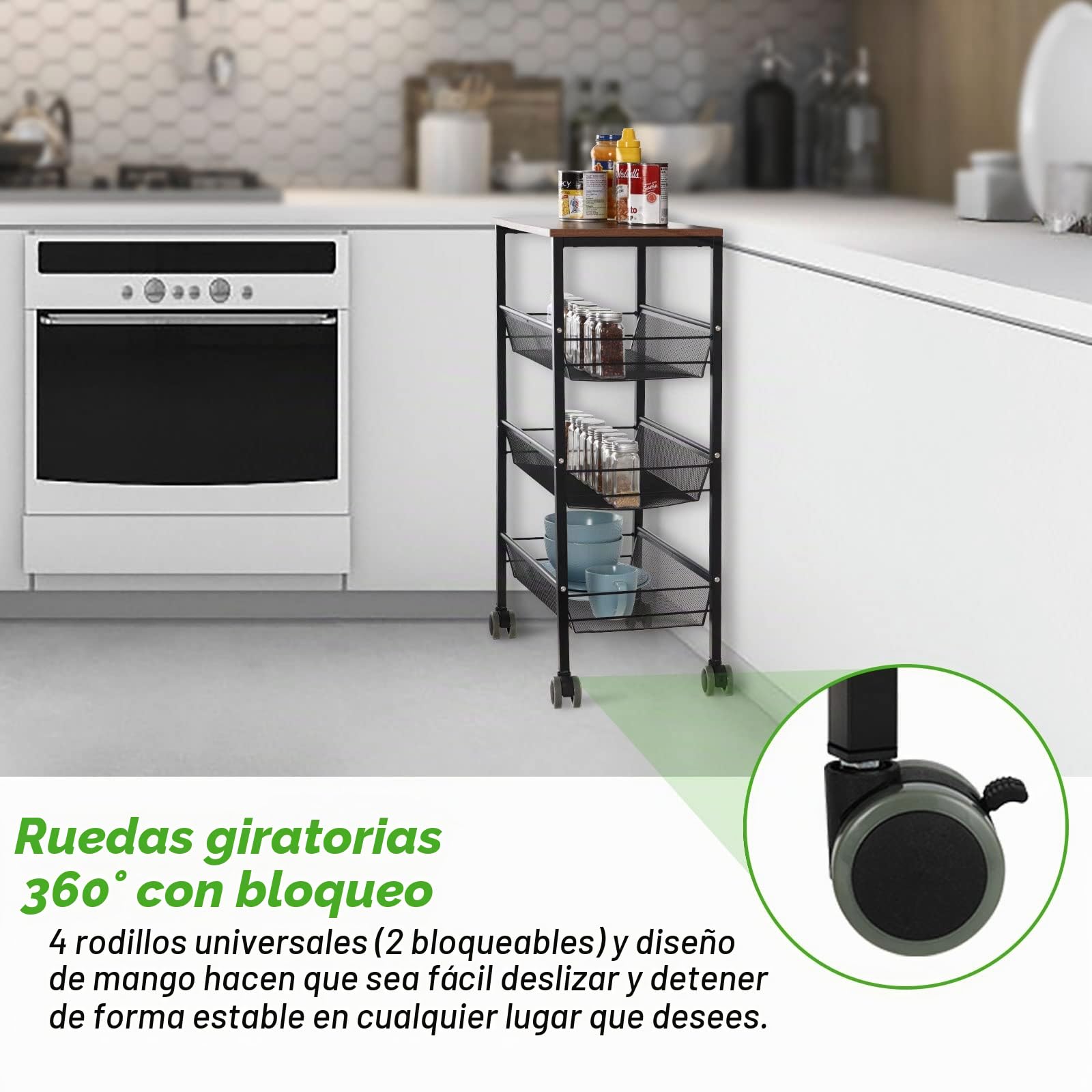 Carrito de 4 niveles con tablero de madera, carrito de cocina, carrito de servicio de metal, 44 x 29 x 76,5 cm, estante con ruedas para cocina, baño, salón, oficina (negro)