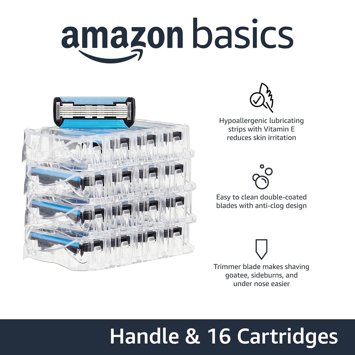 Amazon Basics 5-Blade MotionSphere Men's Razor with Dual Lubrication, Vitamin E, Precision Trimmer, 1 Handle & 16 Cartridges, Black 17 Count (Pack of 1) image 1