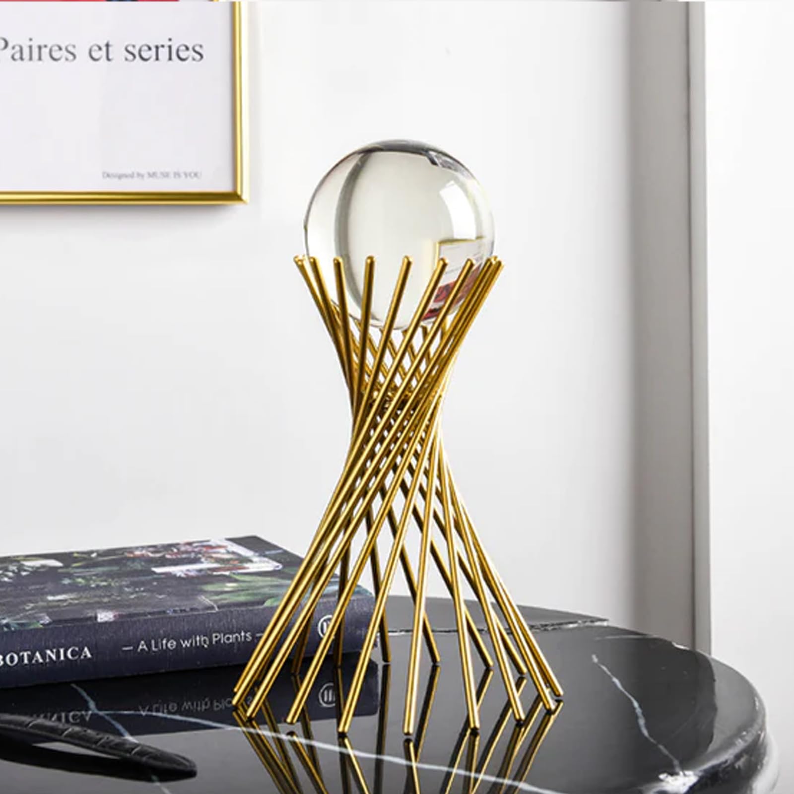 HARIVAR MARTClear Crystal Ball with Gold Art Deco Stand | Light Luxury Crystal Sphere for Photography, Ornaments, Bookcase Decor, Wedding, and Party | Beautiful Home Decor and Unique Gift Idea(B)