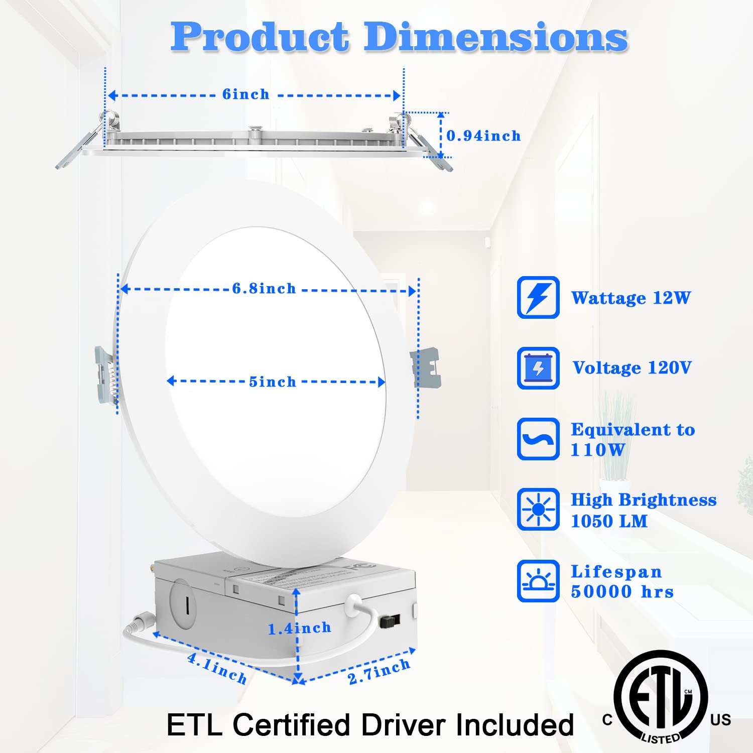6 Pack LED Recessed Lighting 6 inch,5CCT Slim Canless Recessed Ceiling Light Dimmable 2700K/3000K/3500K/4000K/5000K Selectable,1050LM High Brightness led Wafer Lights with Junction Box,12W 110W Eqv