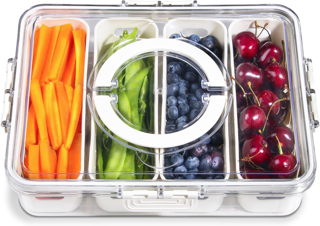Portable Fruit Storage Containers for Fridge, 4 Compartments Snack Box Container, BPA-Free Divided Serving Tray with Lid for Veggie, Clear Snack Tray Candy Tray