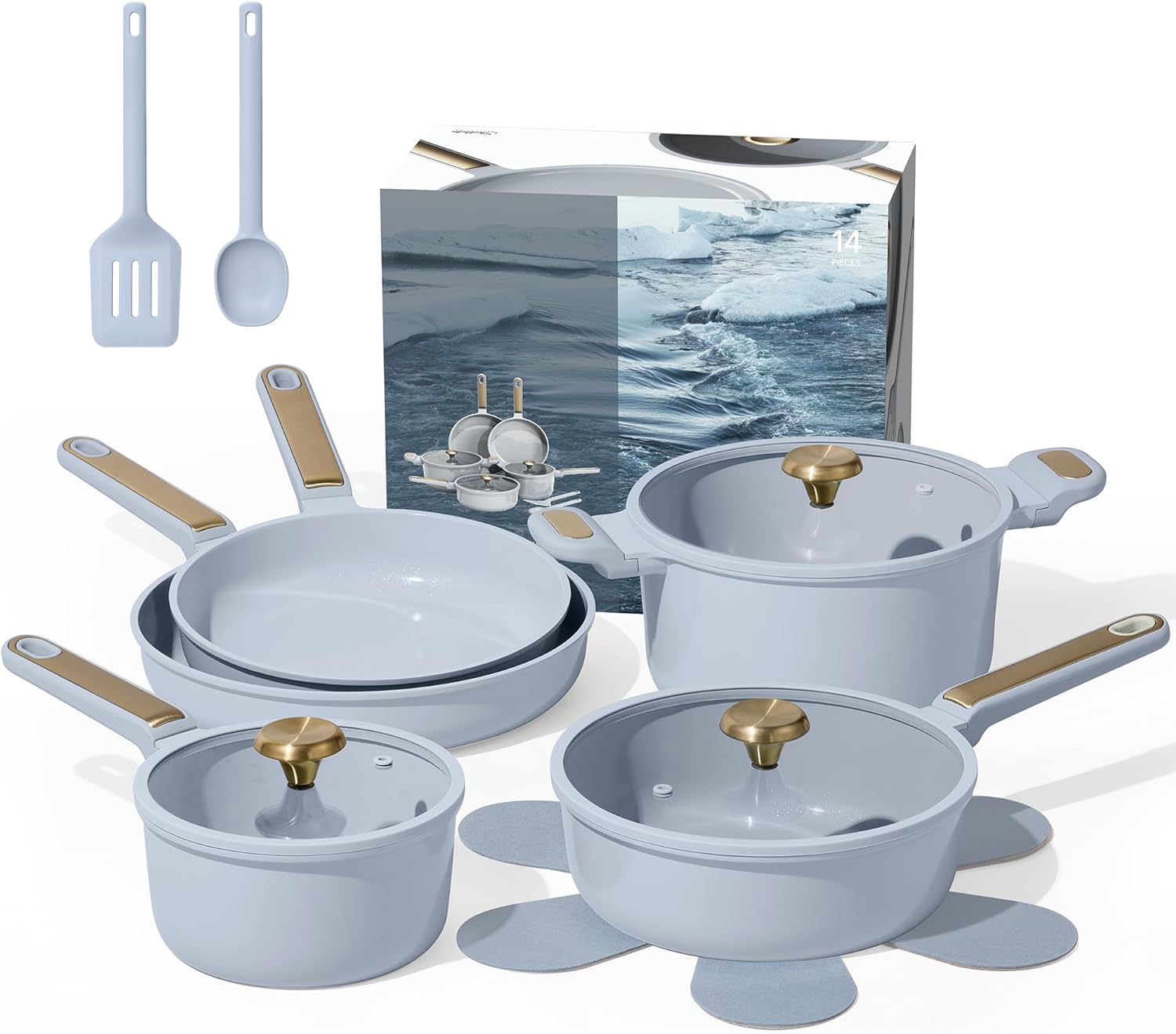CAROTE Juego de utensilios de cocina de cerámica antiadherente, 14 ollas y sartenes antiadherentes, no tóxico y sin PFAS, apto para lavavajillas,