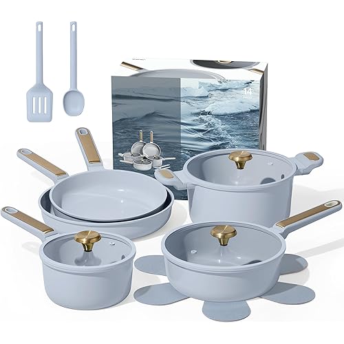 CAROTE Ceramic Cookware Set Nonstick, 14pcs Pots and Pans Set Nonstick, Non-Toxic & PFAS-Free, Dishwasher, RV/Camping Cookware Set, Cooking Pots with Lids, Pastel Blue