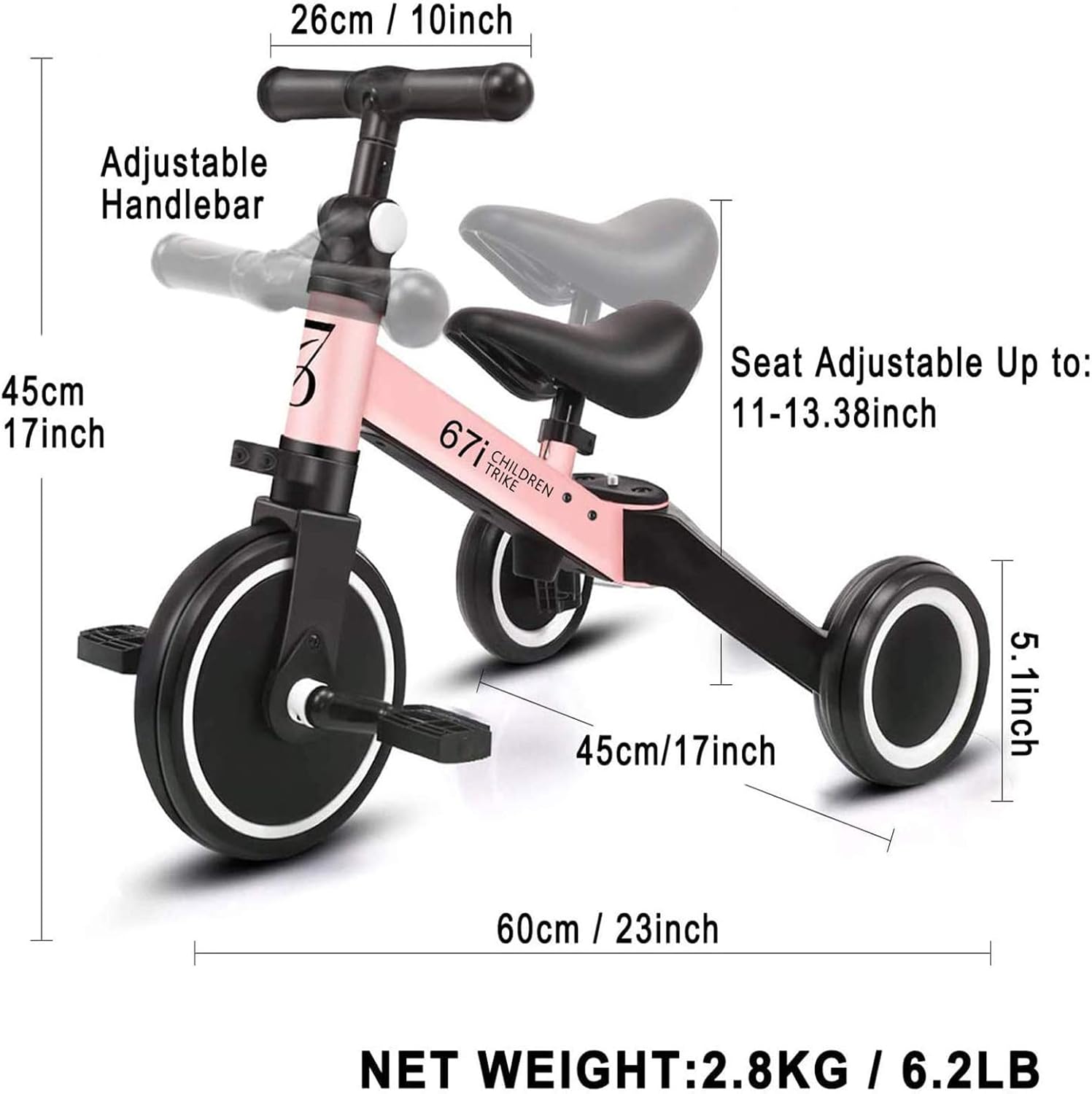 67i Tricycles for 2 Year Olds Toddler Tricycle 3 in 1 Tricycles Kids Trikes for Toddler Bike 3 Wheel Convert 2 Wheel with Removable Pedal and Adjustable Seat for 1-2 Years (Pink) : Sports & Outdoors