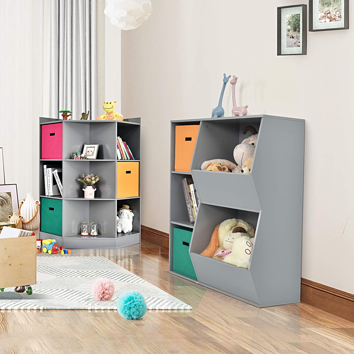 HONEY JOY Kids Toy Storage Organizer, 9-Cubby Toy Bin Organization Storage Cabinet w/Display Shelf & 3 Removable Basket, Wooden Corner Storage Unit for Playroom, Kids Bedroom, Nursery Daycare(Gray)