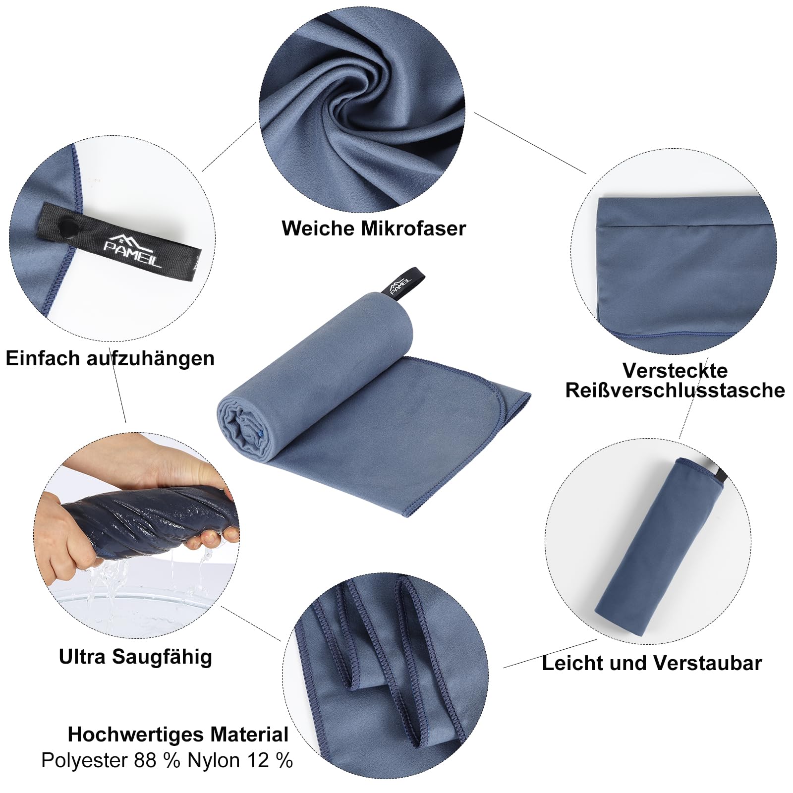 Pameil Asciugamano fitness |120 x 50 cm | Asciugamano da palestra in microfibra con tasca con chiusura lampo, compatto e ad asciugatura rapida – Asciugamano sportivo da palestra (blu navy)
