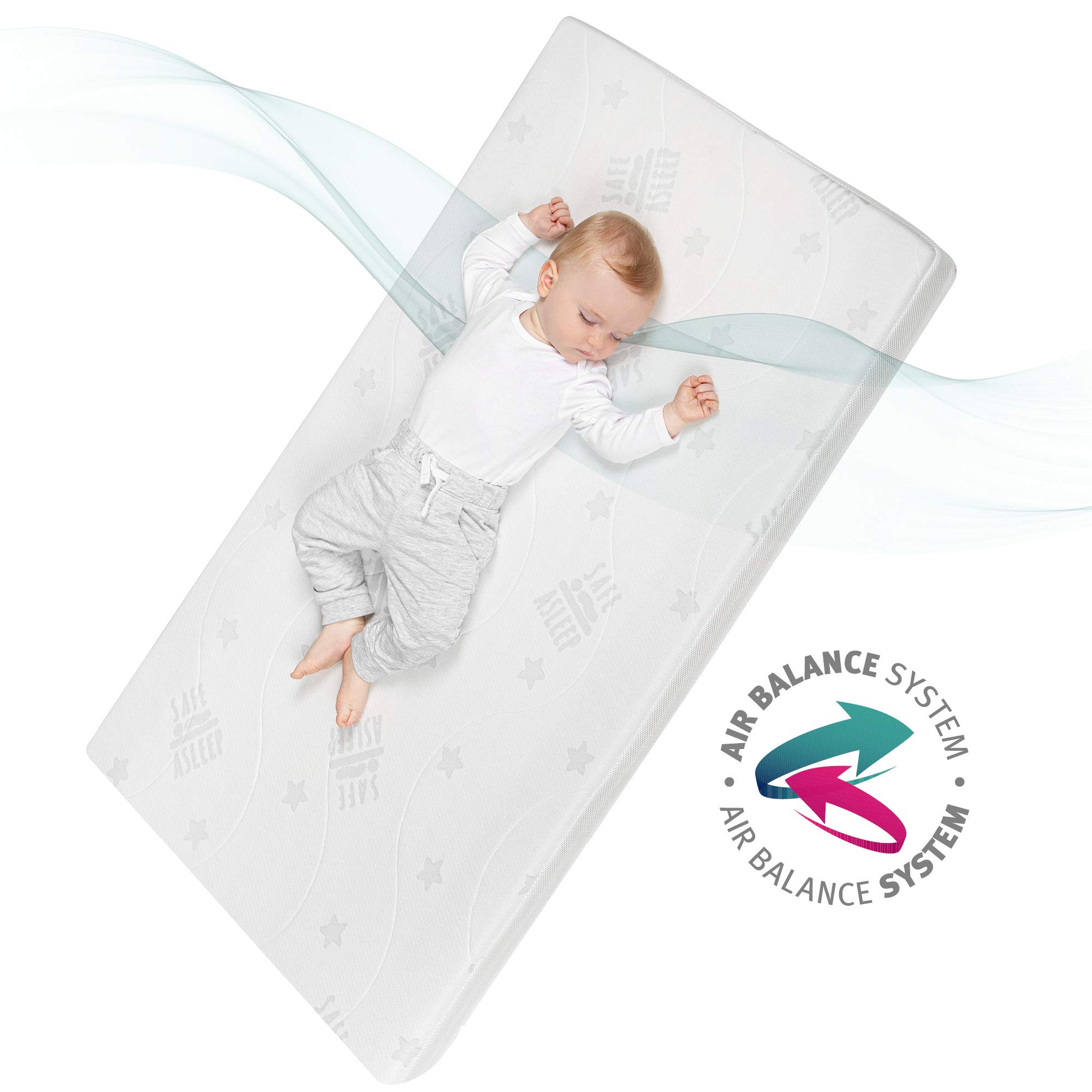 roba Materasso per Lettino safe asleep - Serie Air Balance Plus - 60 x 120 x 9 cm - con Zip - Sfoderabile e Lavabile - Trapuntato e Traspirante - Bianco
