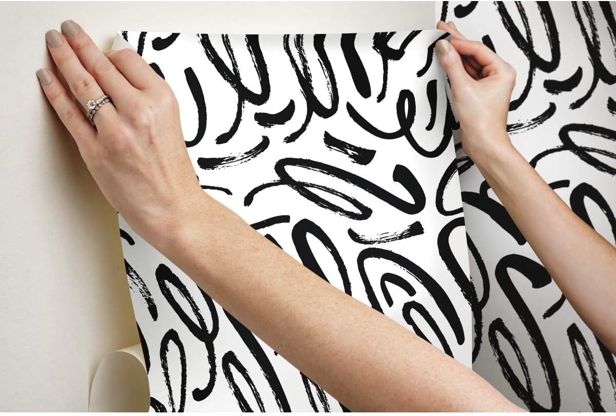 RoomMates RMK11622RL Curly Strokes Black and White Peel and Stick Wallpaper