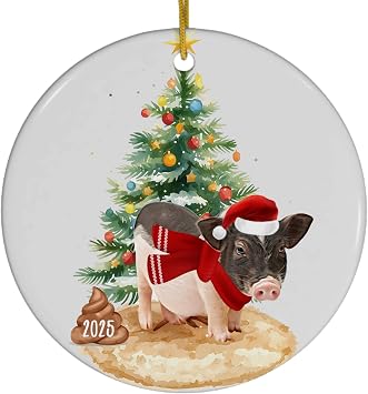 Funny Naughty Christmas Pooping 2026 Personalized Saddle Mini Pig Ornament Circle Ceramic Xmas Tree Decor Gag Gifts for Pig Lovers