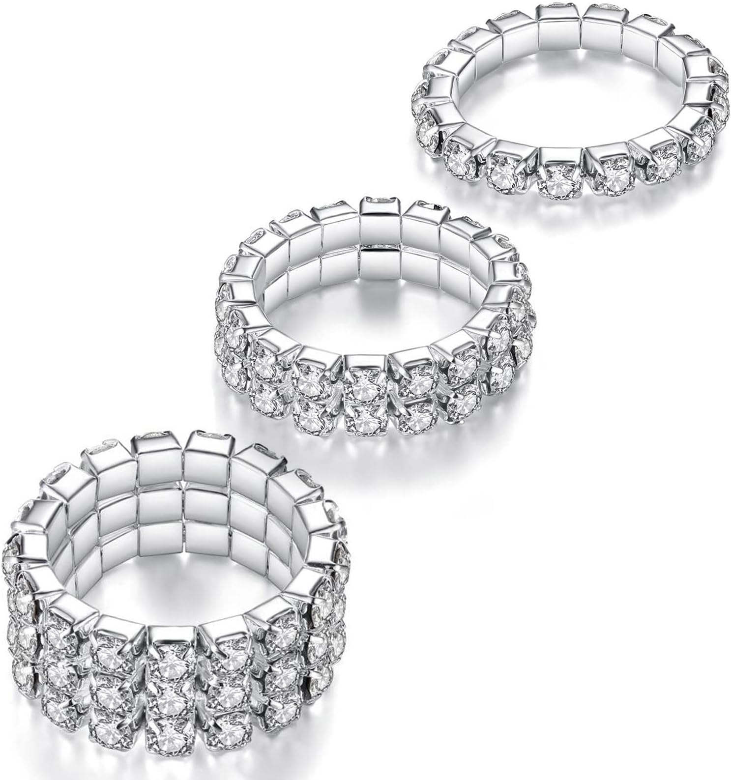 3PCS Rhinestone Stretch Ring, Fashion Crystal Stackable Finger Rings Set, Cute Toe Ring Body Jewelry, Silver Diamond Elastic Band Ring Accessories, Sparkly Thumb Pinky Ring for Women