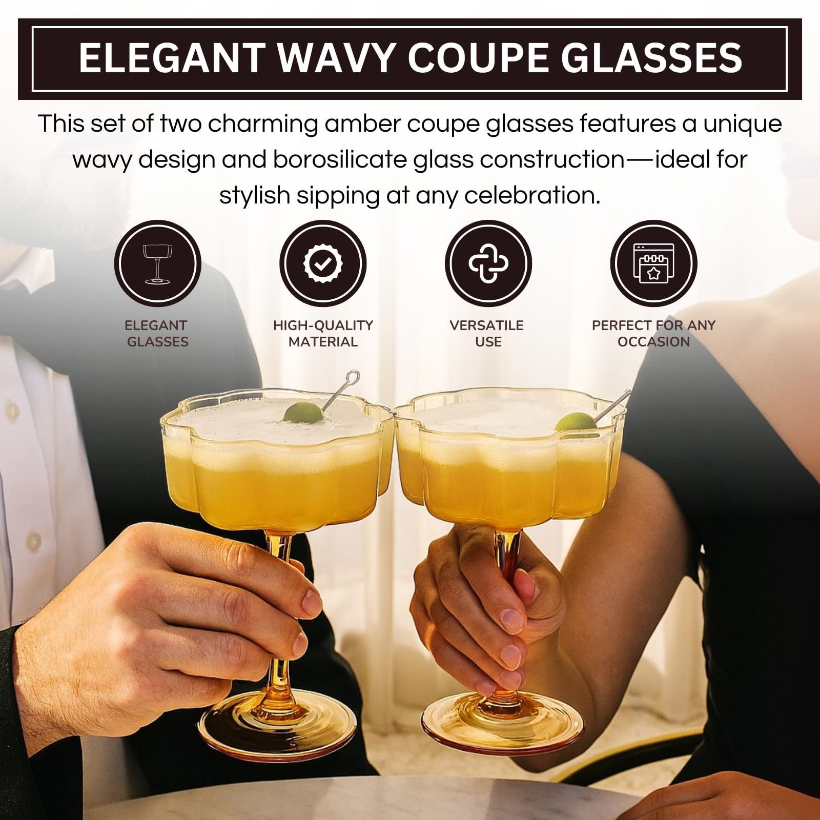 Khen Venus Glasses Luxury Glassware - Set of 6 - Everyday, Winter Gift Her, Mom, Wife, Girlfriend, Special Celebrations Drinkware, Textured Glass, Brown Style Amber Colored -Champagne Flute 6oz