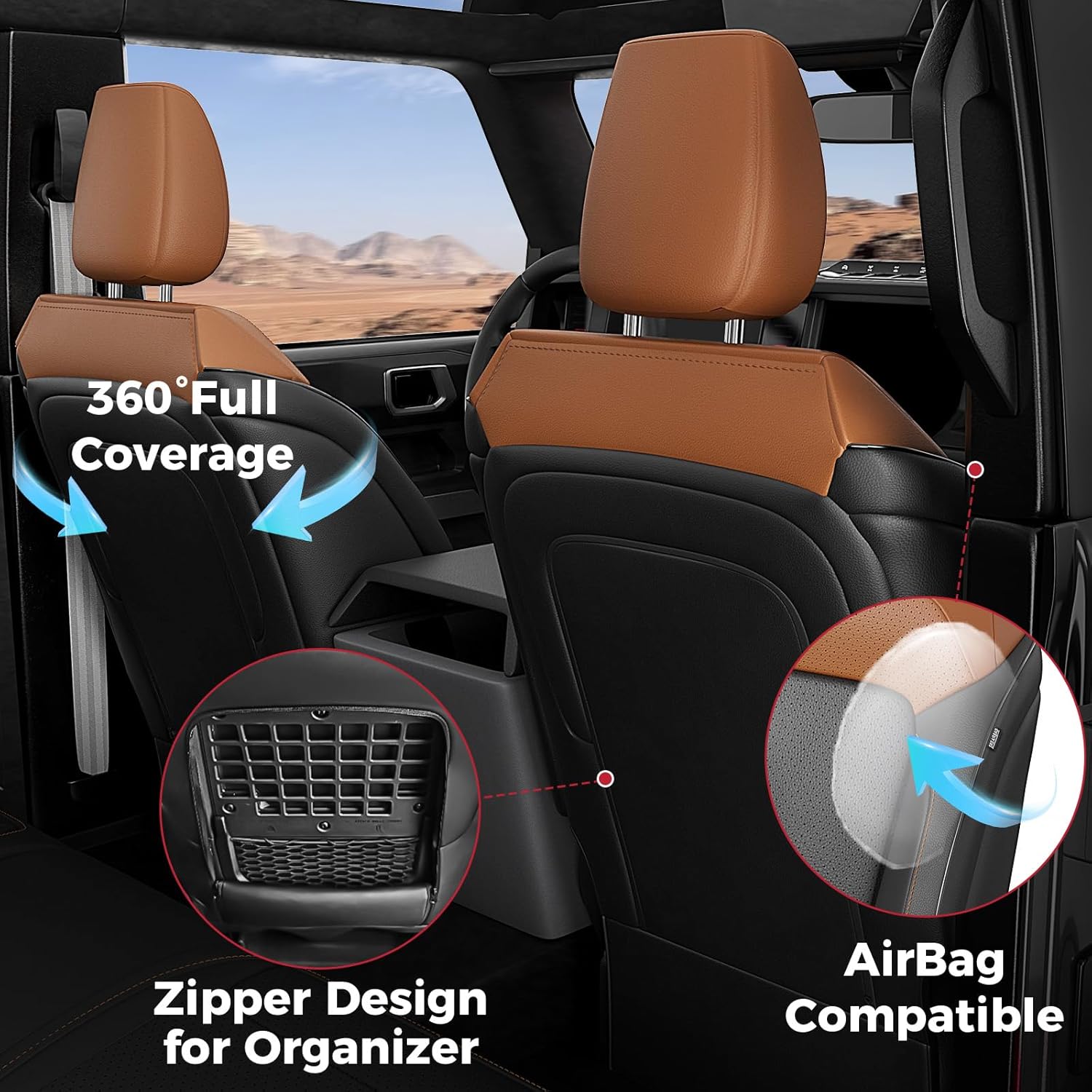 Seat Covers for Ford Bronco 4 Door 2026 2025 2024 2023 2022 2021, 1:1 Customized Fit Breathable Leather Seat Cover, Full Set with Rear Cup Holder, NOT for Raptor (BlackBrown)