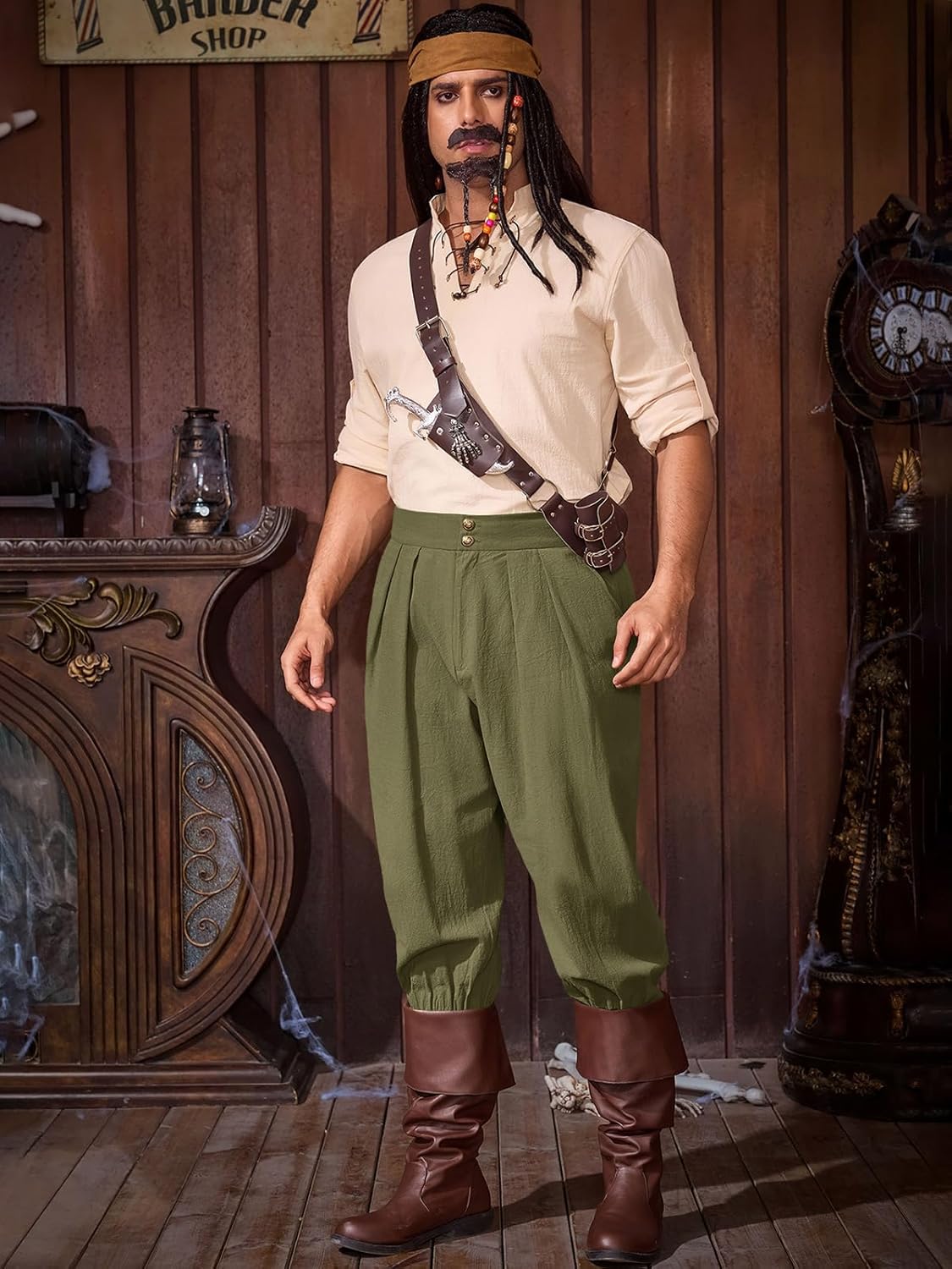 Runcati Mens Medieval Ankle Pants Renaissance Viking Pirate Pants Lace Up Cotton Tapered Halloween Costume Trousers - Image 4