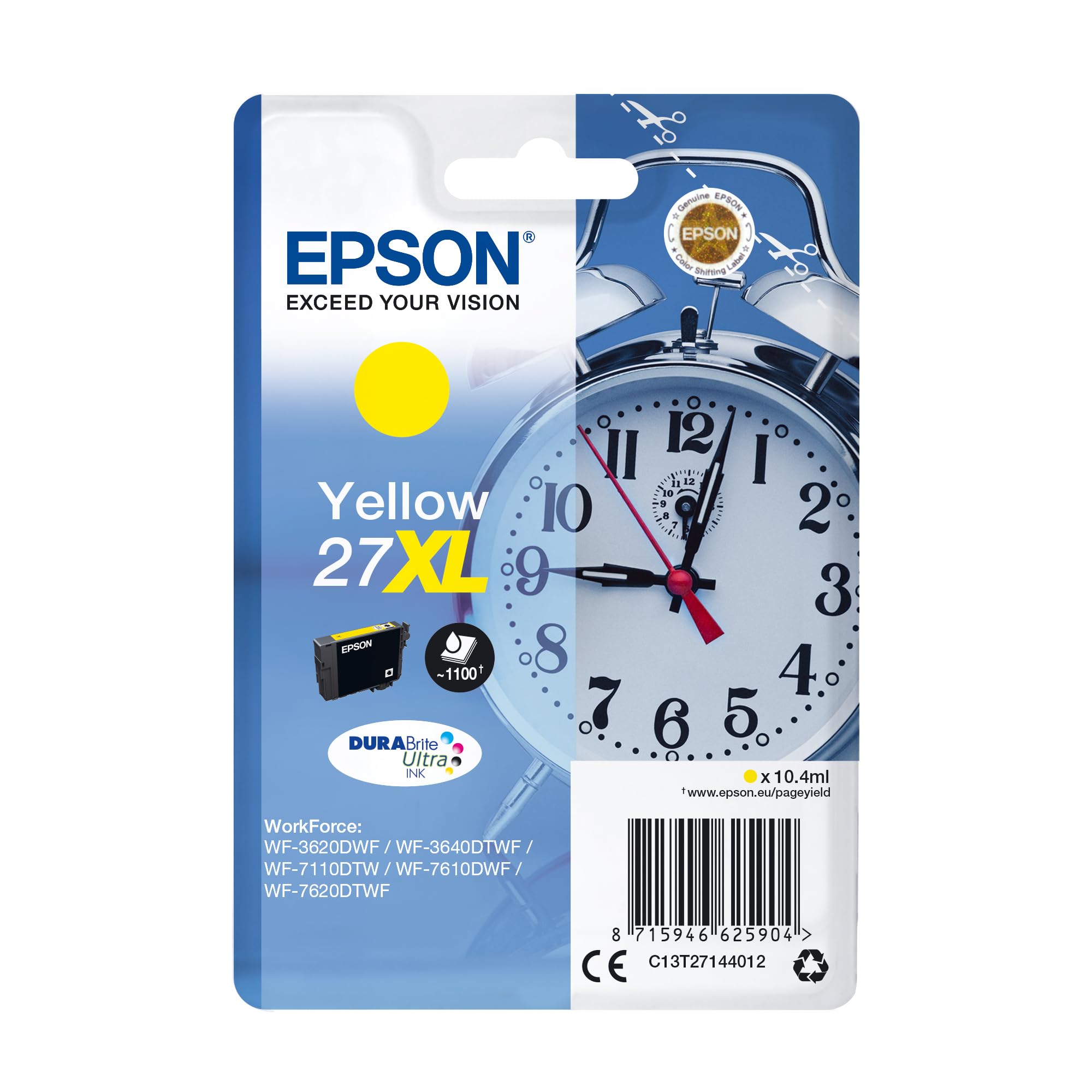 Epson Original 27XL Tinte Wecker (WF-3620DWF, WF-3640DTWF, WF-7110DTW, WF-7210DTW, WF-7610DWF, WF-7620DTWF, WF-7710DWF, WF-7715DWF, WF-7720DTWF), gelb