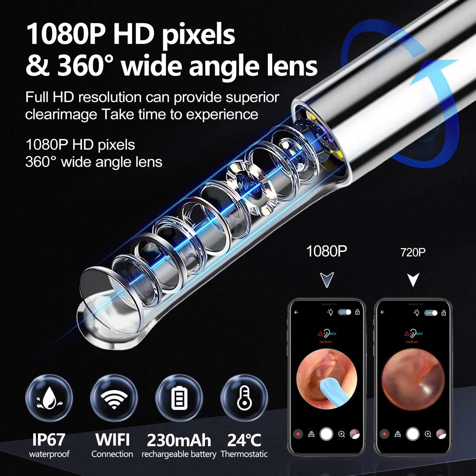Otoscope Oreille 3,5mm Camera 1080P HD Camera Iscope IP67 Étanche Nettoyant Oreille d'élimination du cérumen avec 6 lumières LED, adapté aux IPhone, IPad et Android (brown)