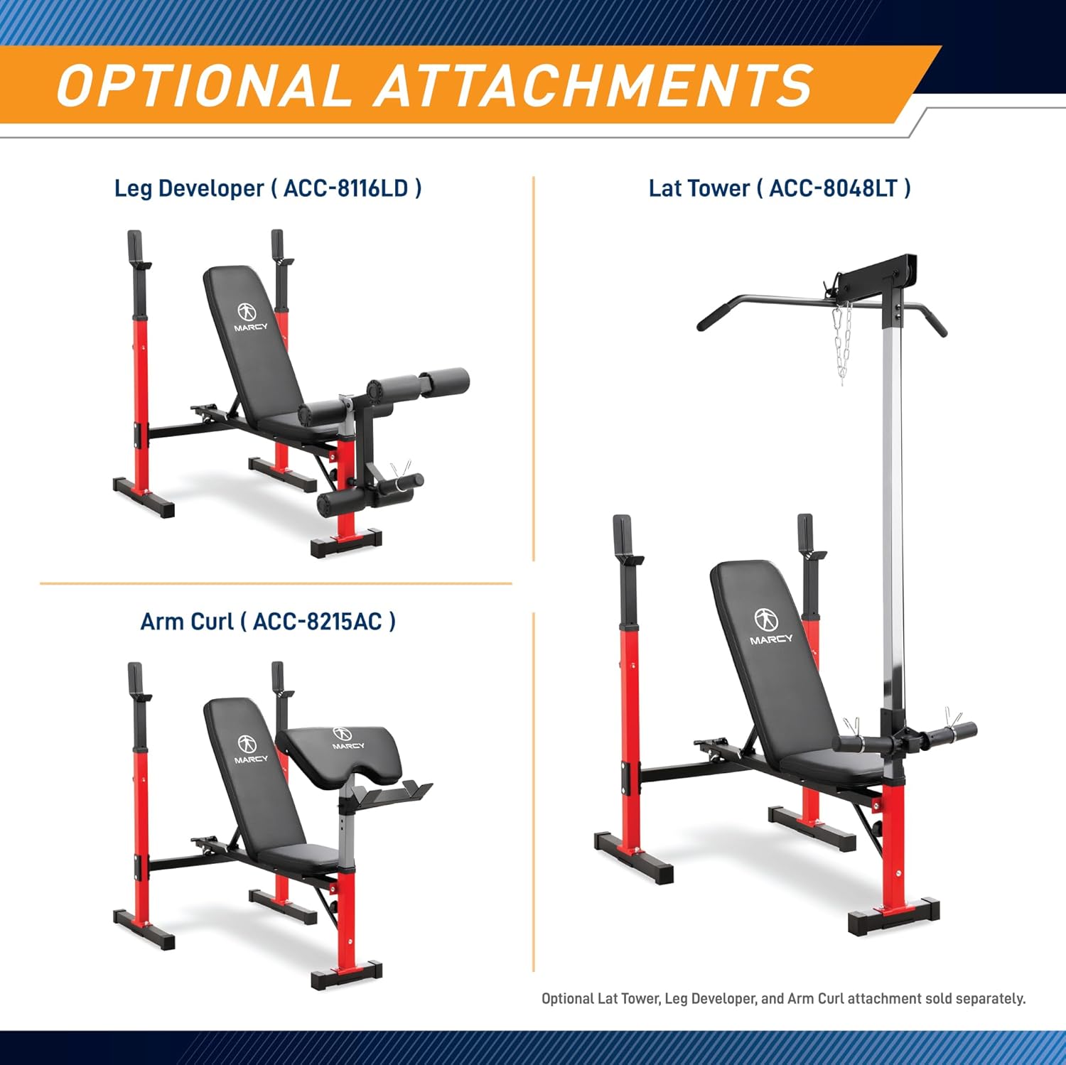 Images showing the Marcy weight bench with optional attachments: Leg Developer (ACC-8116LD), Lat Tower (ACC-8048LT), and Arm Curl (ACC-8215AC).