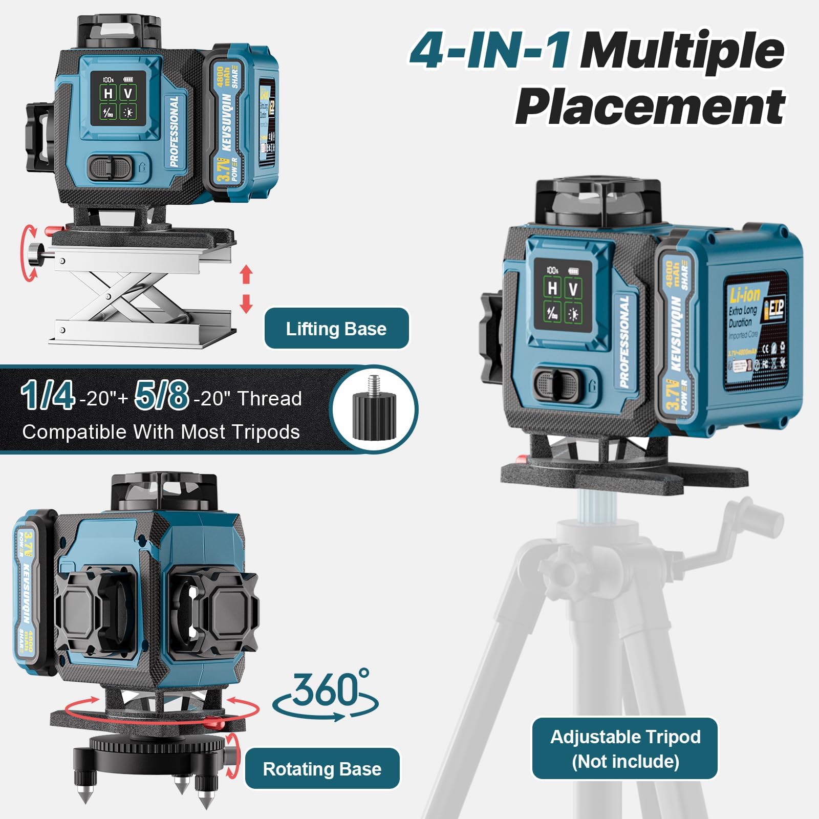 Nivel Laser,Nivel Laser Autonivelante 360 Grados con 2x4800mAh Batería & Pantalla LED Grande,Nivelador Laser 4x360 °, 4D 16 Líneas Laser Verde/APP/Control Remoto para Construcción