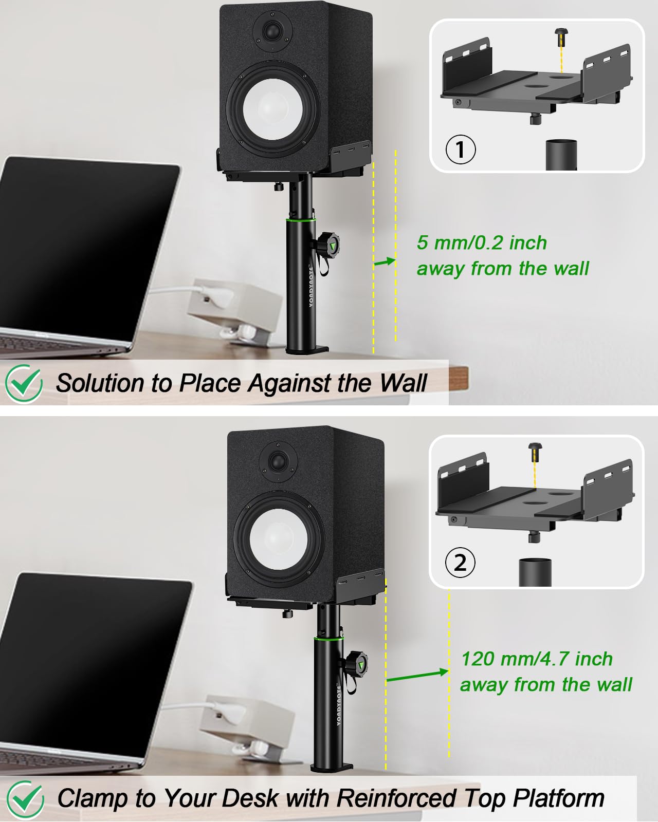Vondynote 2 Stück Dual Side Klemm-Studio Monitor Ständer Desktop Klemme Lautsprecher Ständer Höhenverstellbar gegen die Wand Ausziehbare obere Platte Montage durch Schrauben