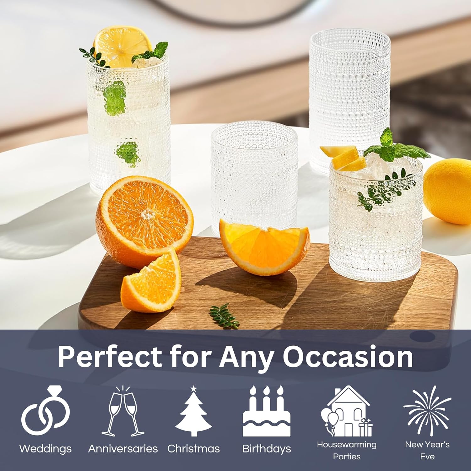 Khen Plastic Hobnail Drinking Glasses Set of 12 Clear Color Cups 6x 10oz Lowball & 6x 1oz Highball Acrylic Beaded Design, BPA-Free, Dishwasher Safe Indoor/Outdoor Drinkware Water, Juice, Cocktails