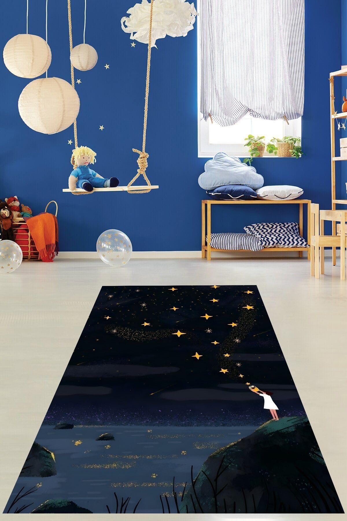 Pelangi Gece Gökyüzündeki Yıldızlar Yıkanabilir Kaymaz Taban Leke Tutmaz Çocuk Odası Halısı, Lacivert 100 x 350