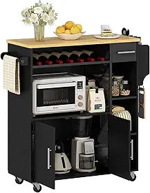Balcão para Cozinha, Móveis Cozinha Multifuncional com Rodas Armários de Armazenamento Suporte para Microondas e Garrafas Cor Preta