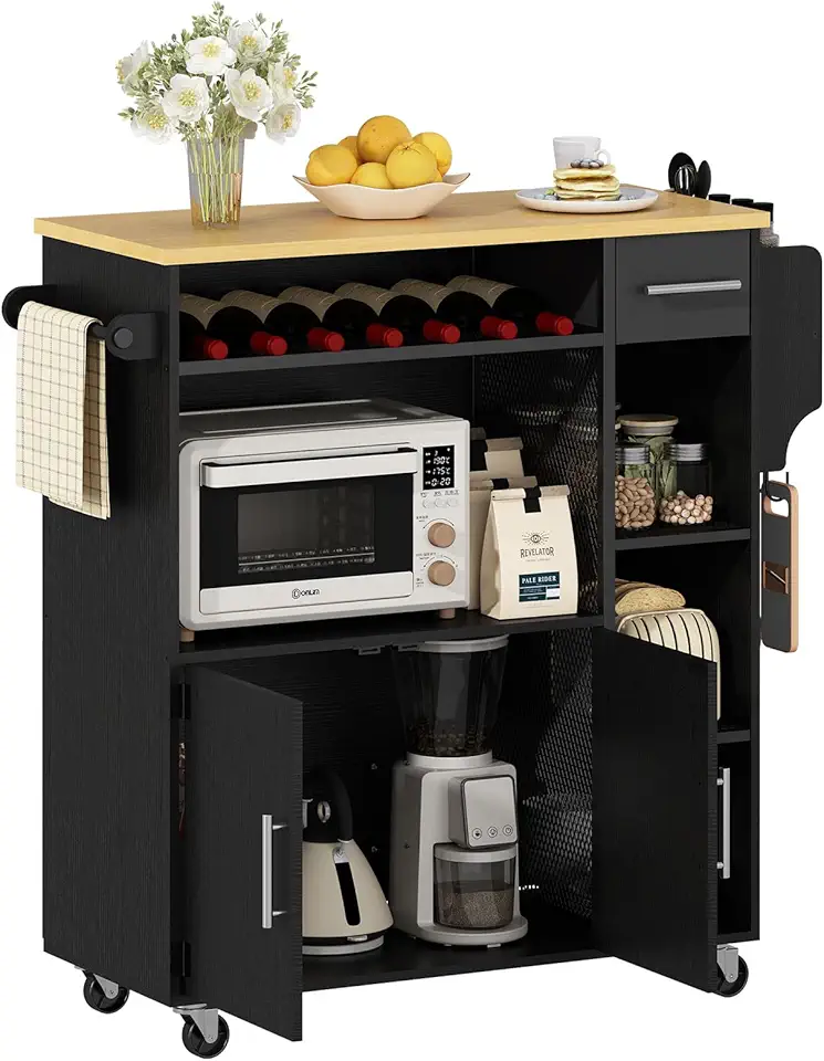 Balcão para Cozinha, Móveis Cozinha Multifuncional com Rodas Armários de Armazenamento Suporte para Microondas e Garrafas Cor Preta