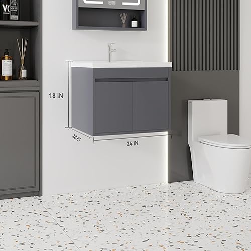 Miniatura 168 de Tocador de baño de 20 pulgadas con lavabo de cerámica, tocador de baño pequeño montado en la pared con puerta de cierre suave, gabinete flotante