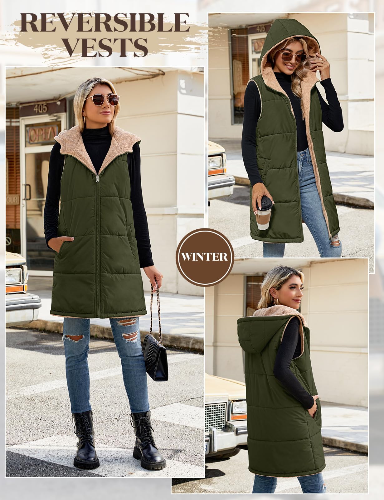 Tuopuda Gilet Donna Lungo in Pile, Smanicato Invernale con Cappuccio, Cappotto Senza Maniche Termico Giubbotto Imbottito Giacca con Cerniera e Tasche