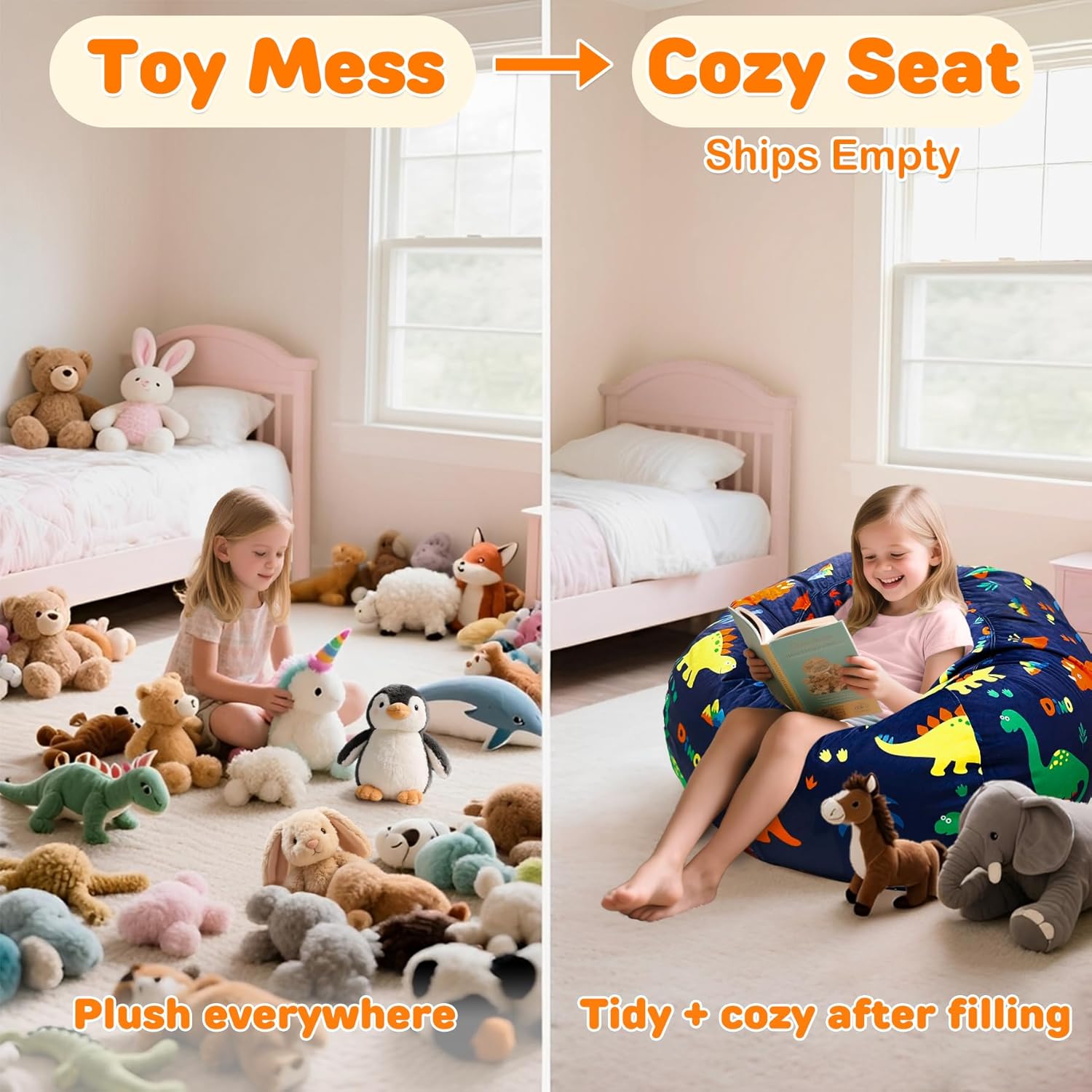 Lukeight Dinosaur Stuffed Animals Storage Bean Bag Chair Cover Only (Ships Empty, No Filling) - Velvet YKK Zipper Beanbag Cover for Toddlers and Kids, Washable Plush Toy Organizer, Large 27" D x 16" H