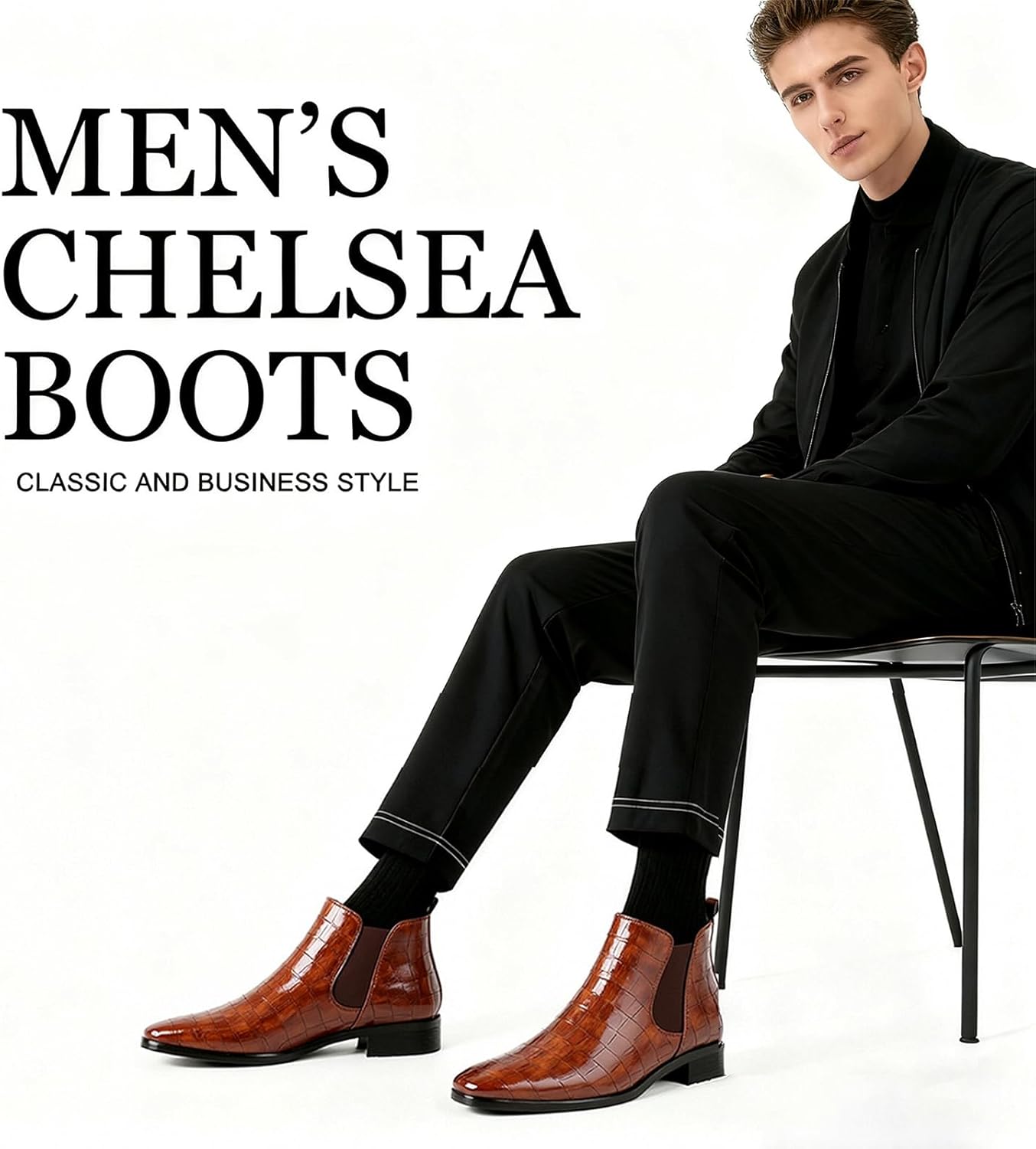 Fashion Chelsea Boots for Men's Leather Print Pointed Toe Slip-On Low Chunky Heel Retro Dress Business Chukka Ankle Oxford Boots for Formal Wedding Party Causal Work