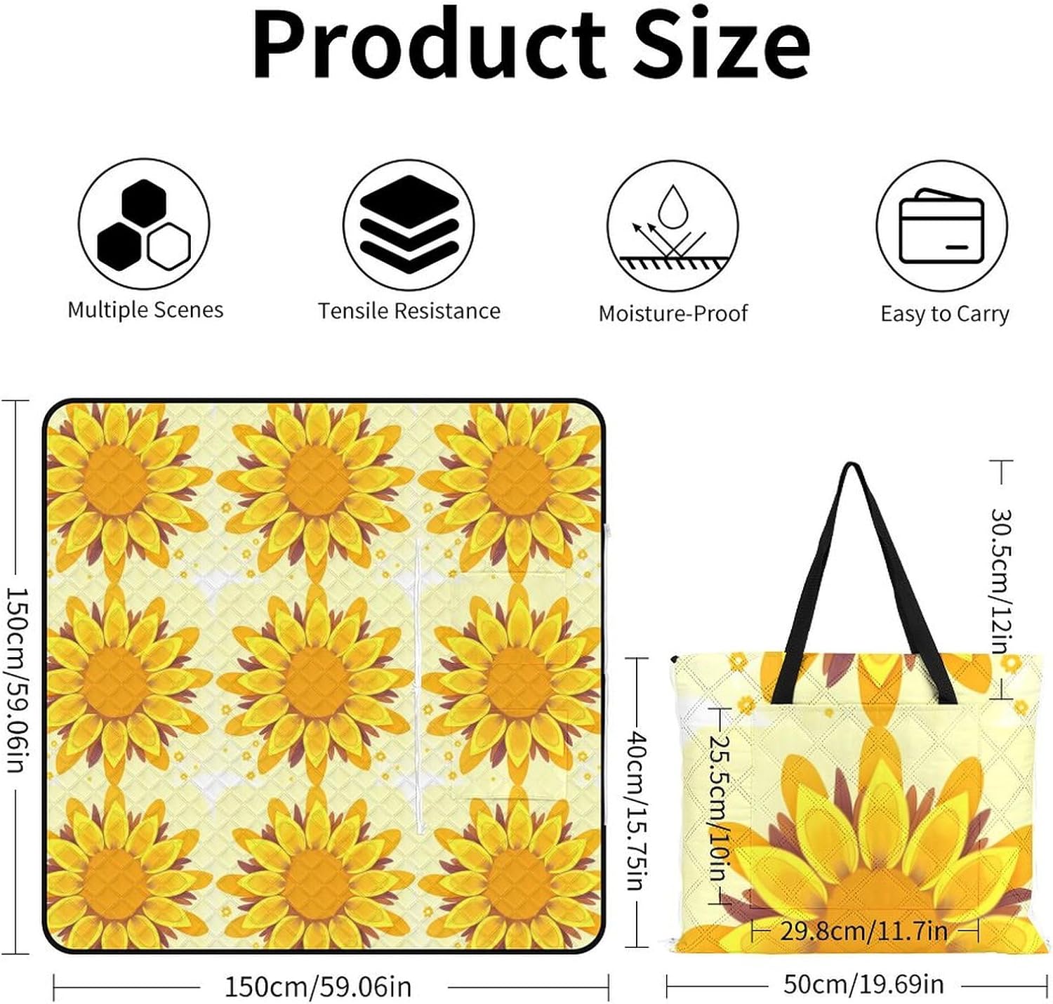 Picnic Mat Beach Blanket,with Sunflower Beauty Printed Picnic Blankets Waterproof Foldable Extra Large,Waterproof Sand Mat, Tote Picnic Camping Rugs,for Beach,Camping,Grass Lawn,Park