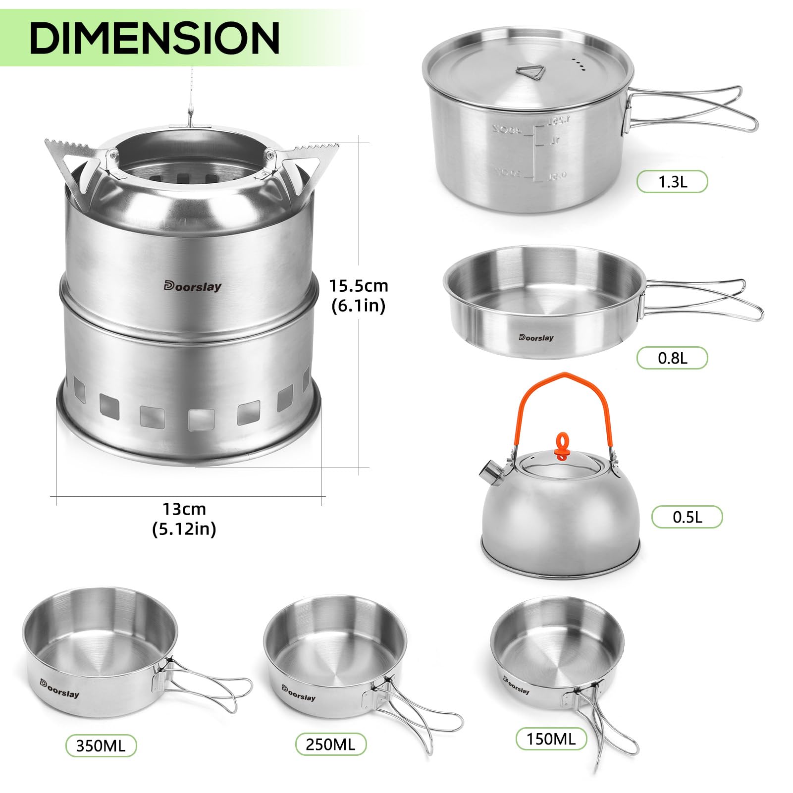 Réchaud de camping en acier inoxydable avec batterie de cuisine, poêle à bois pliable et à alcool double combustible pour 2 à 3 personnes avec casserole et poêle à frire pour randonnée