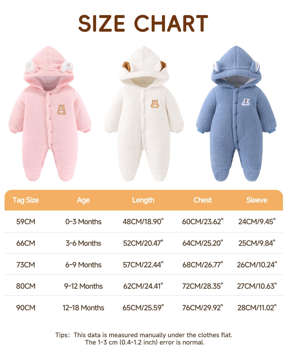 JiAmy Combinaison de neige d'hiver en polaire pour nouveau-né - Grenouillère à capuche avec pieds - Motif dessin animé - Pour bébé fille et garçon de 0 à 18 mois