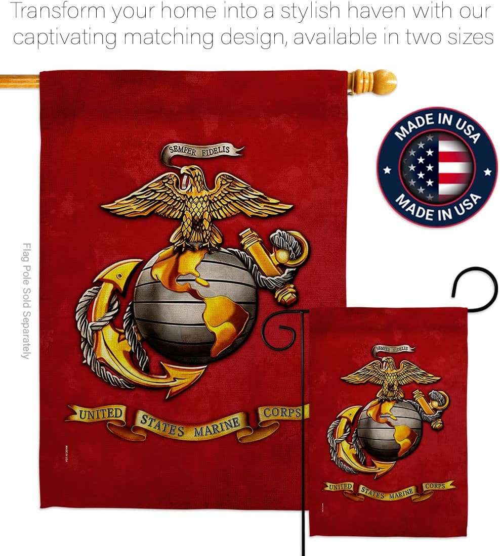 US Marine Corps Garden Flag - Set with Stand Armed Forces USMC Semper Fi United State American Military Veteran Retire Official - House Banner Small Yard Gift Double-Sided Made In USA 13 X 18.5