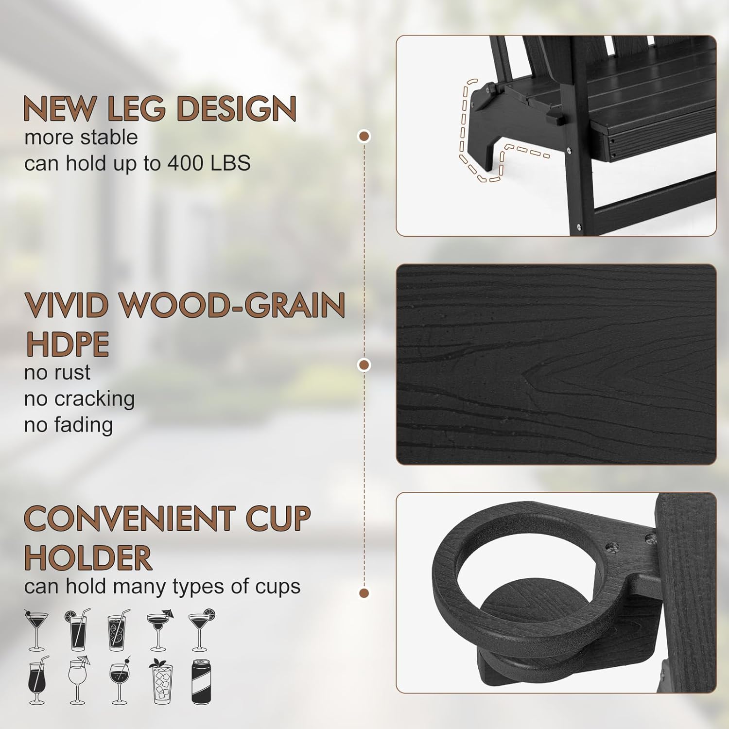 Folding Adirondack Chair, All Weather Stable Gun-Leg Design Fire Pit Chairs with Cupholder for Outside