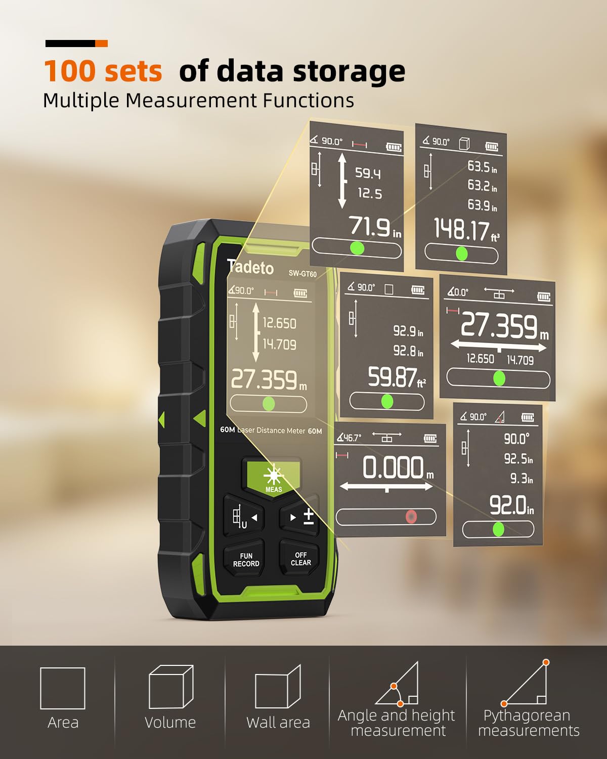 Tadeto Dual Laser Measuring Tool display showing various measurement functions and data storage