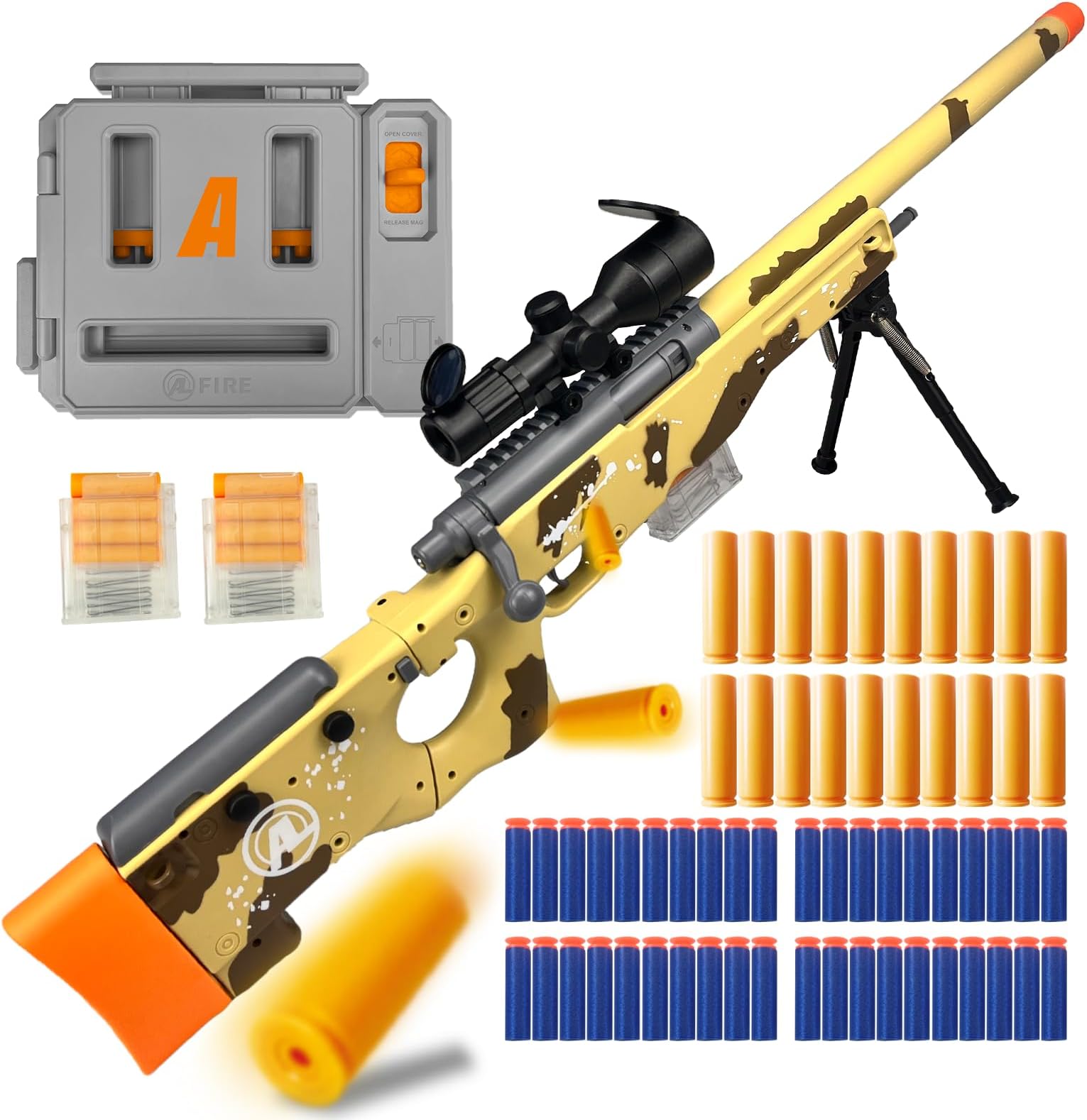 AGM MASTECH AWM Soft Bullet Toy Gun, Empty Shell Ejecting Design, Enhanced Scope, Dart Loader, 40 Soft Foam Darts, 20 Shells, 2 Magazines. Blasting Toy Foam Blaster for Boys and Girls (Yellow)