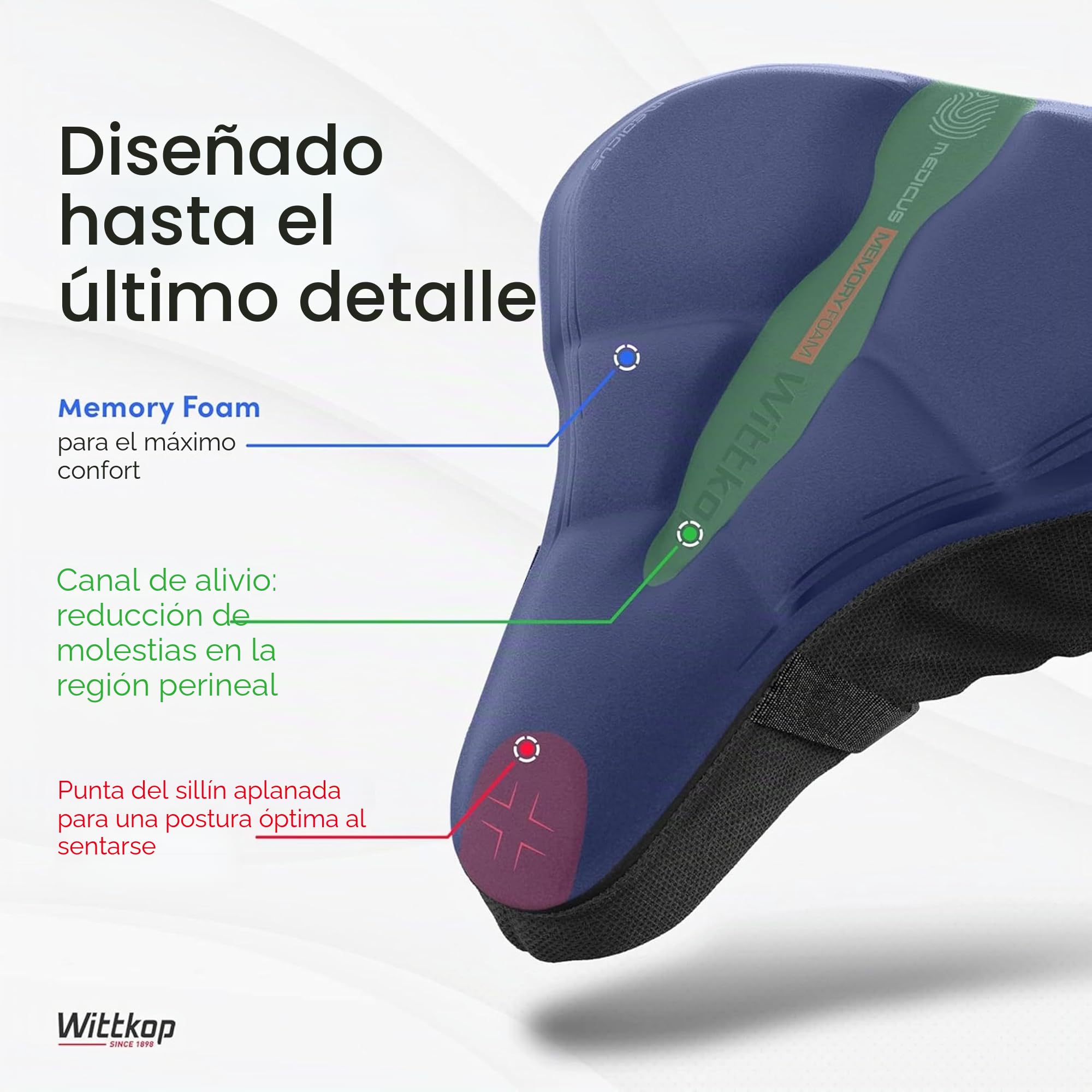 WITTKOP Cojín para asiento de bicicleta con cojín de gel y espuma viscoelástica, funda ergonómica para asiento de bicicleta para hombre y mujer con concepto de 3 zonas, cómoda funda para sillín de