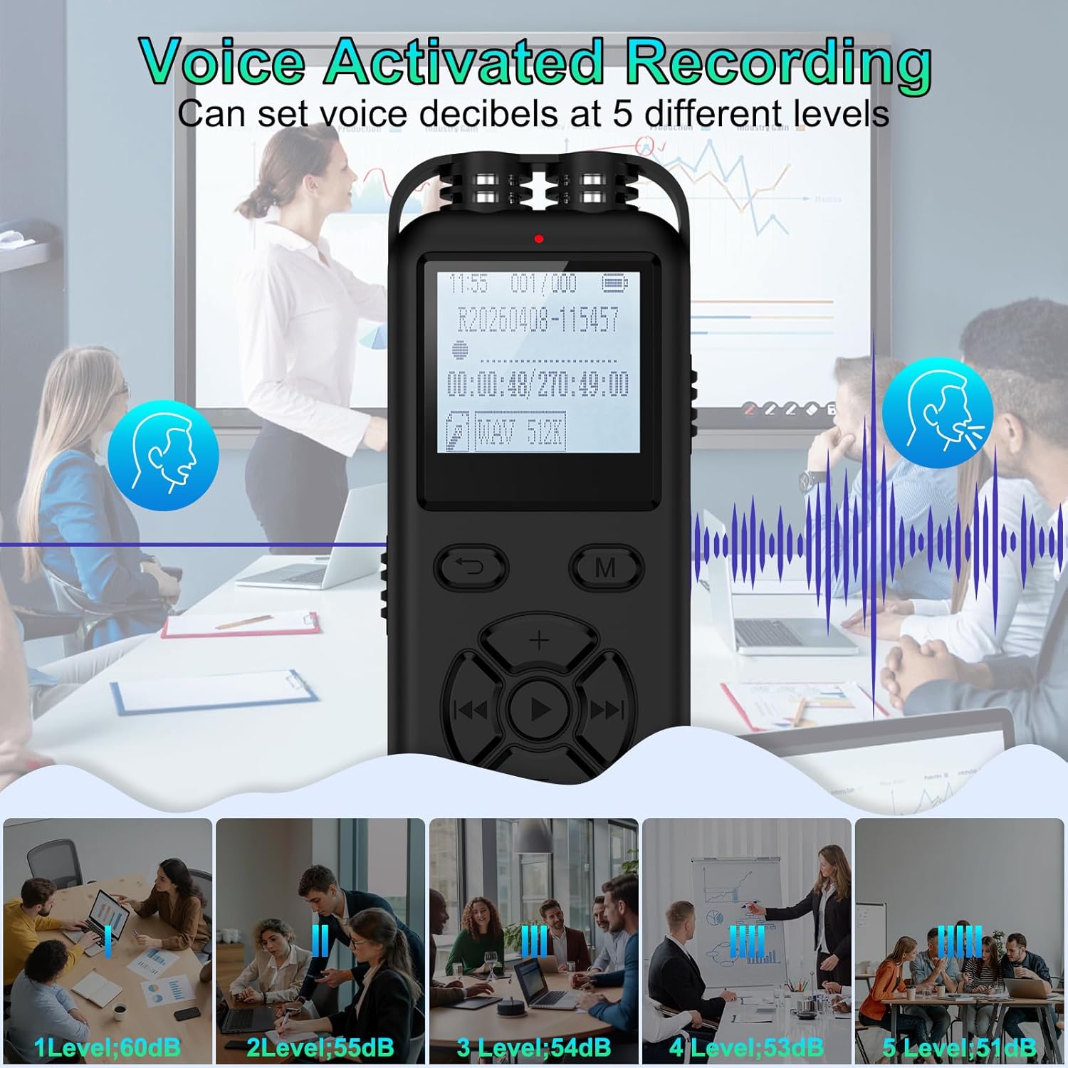 64GB Digital Voice Recorder with Playback,Audio Recording Device,Voice Activated Recorder with Noise Reduction,A-B Repeat,Mp3 Player and Password for Lectures Meeting/Classes/Interviews