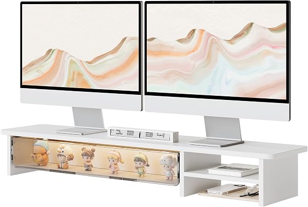 Fenge Podnośnik monitora, z miejscem do przechowywania, 108 cm, biały | Podwójny stojak na monitor, półka na biurko, do