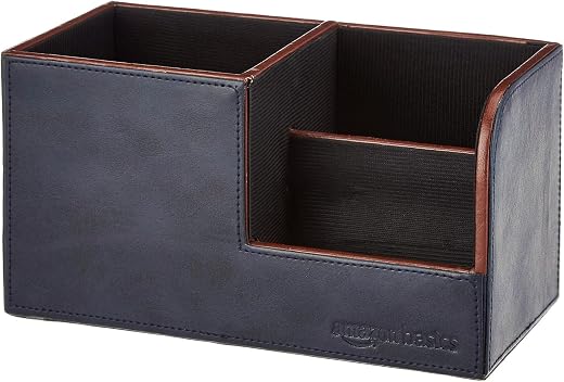 Amazon Basics Desk Organizer | Faux Leather Desk Accessories for Office Table | Pen Stand Desk Organizer | Multifunctional...