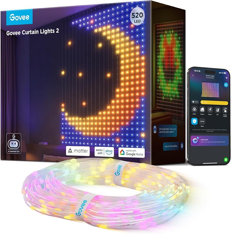 Luces de cortina inteligentes 2, 520 LED, 4,9 × 6,6 pies para decoración interior y exterior | Luces de cortina LED inteligentes con GIF AIGC de bricolaje, no empalmables, luces navideñas que cambian de color RGBIC, resistente al agua IP65