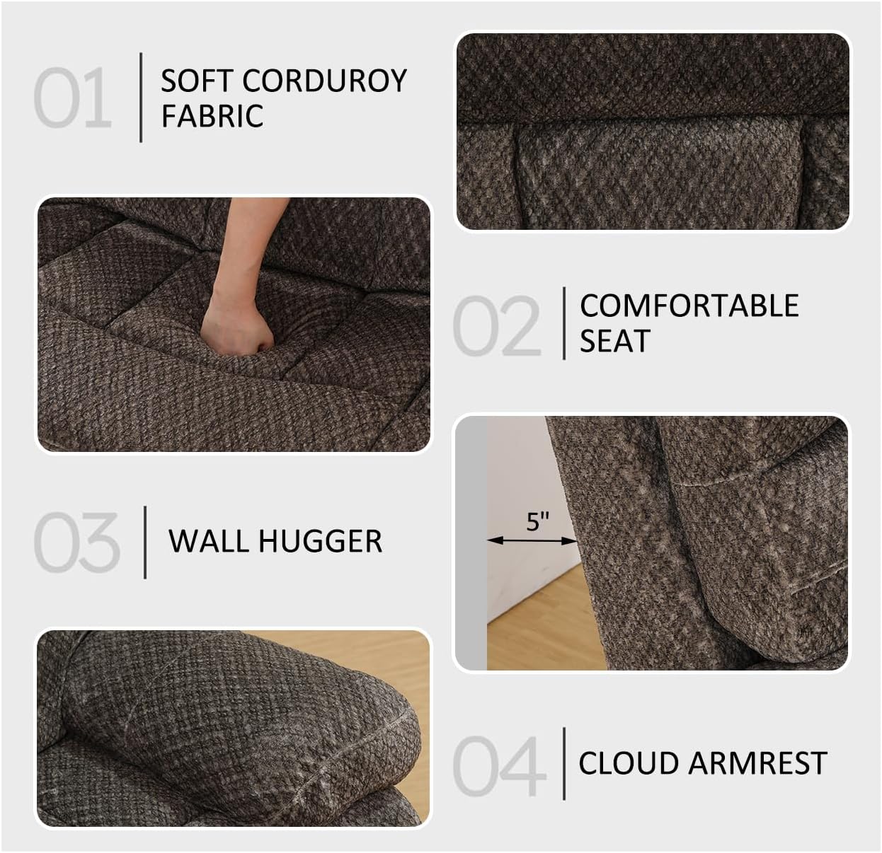 Manual Recliner Sofa Set,Flanne Reclining Living Room Furniture Set,Convertible Lounge Sofa with Coffee Table,Reclining Loveseat with Storage Consoloe for House/Office(Brown Flanne,3+2)