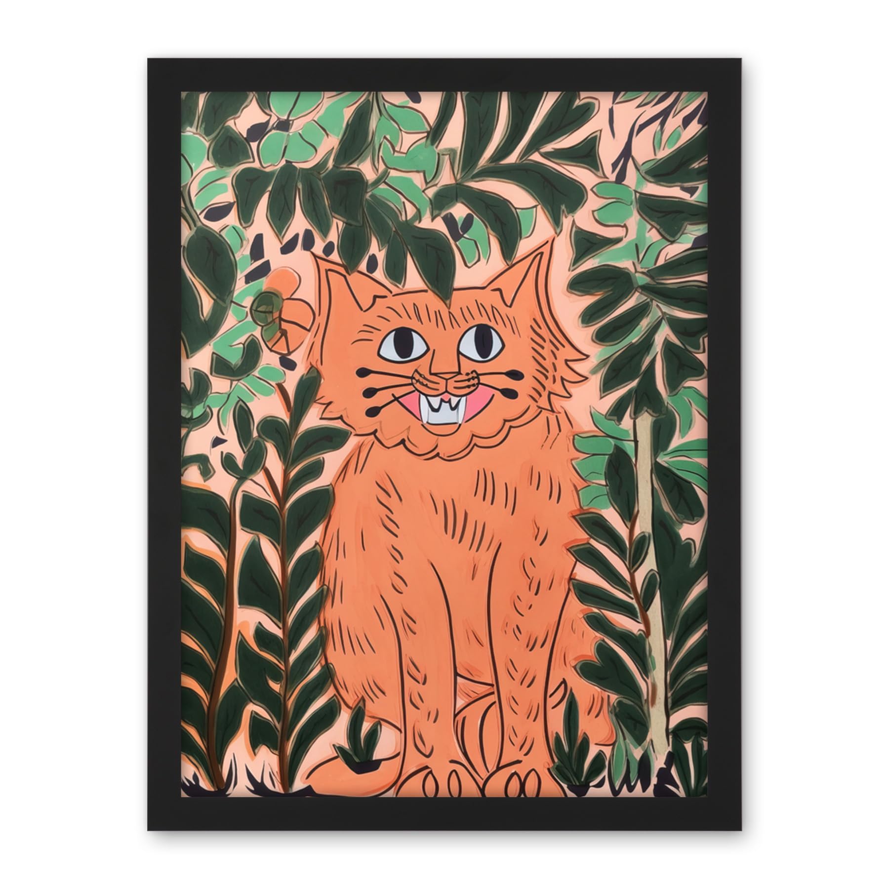 Artery8 Ginger Orange Tabby Cat in Plants Modern Folk Art Artwork Framed Wall Art Print 18X24 Inch