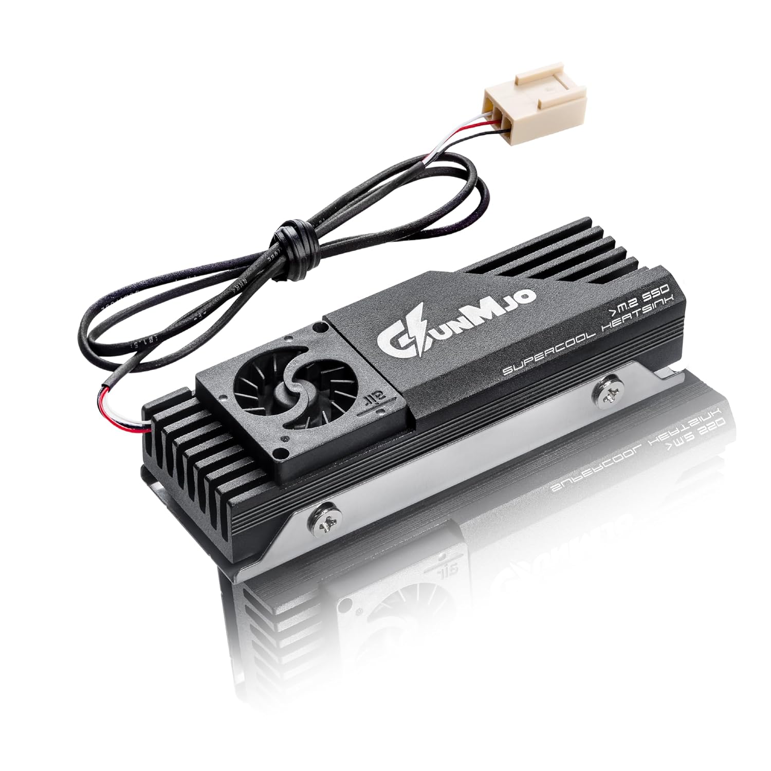 GUNMJO M.2 2280 SSD Heatsink, 20mm Built-in Cooling Fan, Aluminum Plate-Fin Design, with Thermal pad for AI and Gaming PC, Black