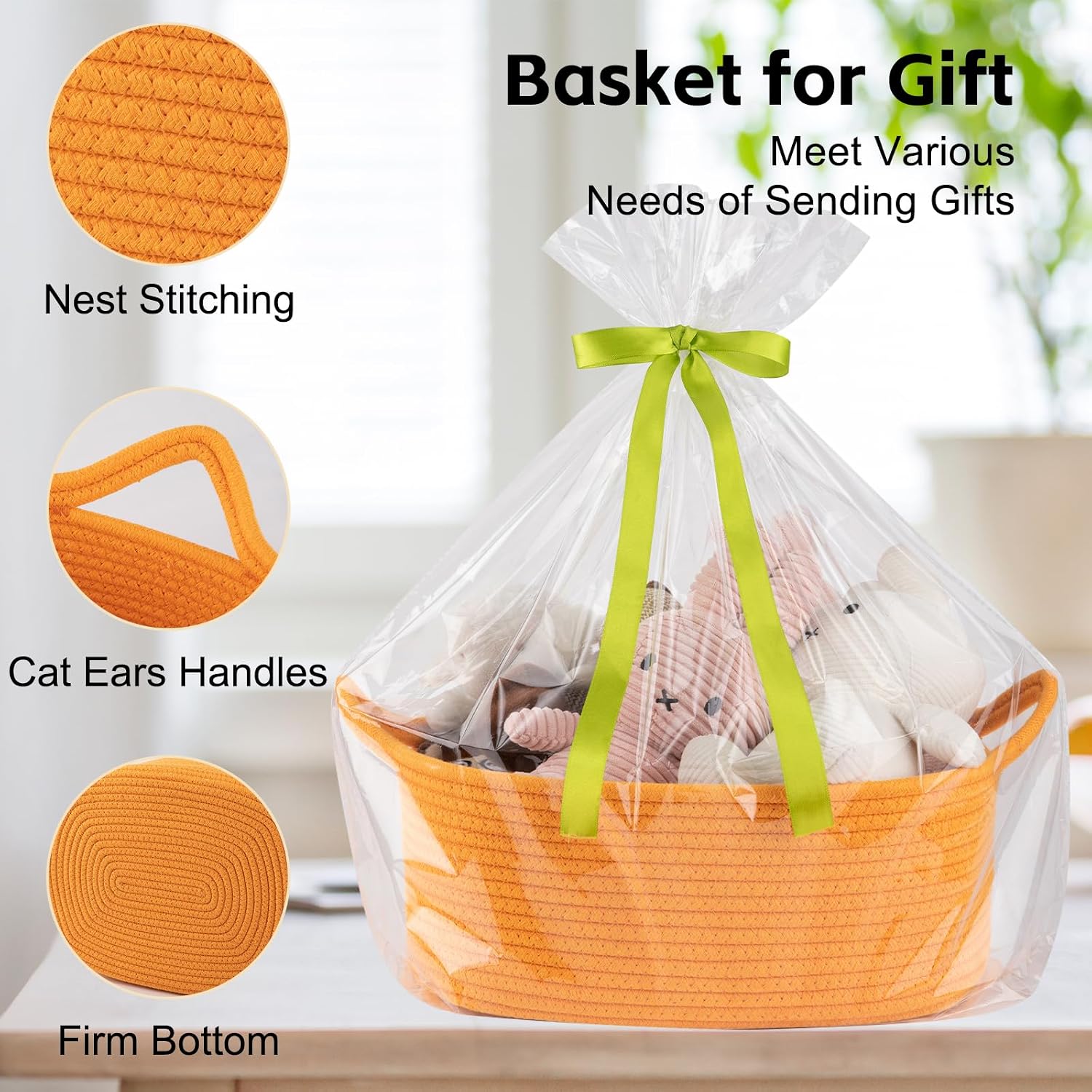 OIAHOMY Woven Basket, Gift Basket Empty with Gift Bags and Ribbons, Rope Baskets for Baby Showers, Storage Baskets with Handles for Nursery, Pet Toy Organizer - Orange image 3