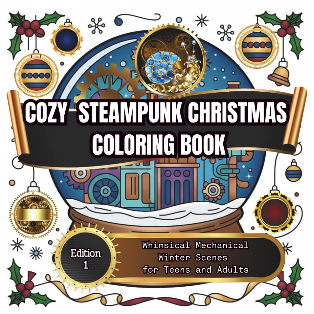 Cozy Steampunk Christmas Coloring Book: Whimsical Mechanical Winter Scenes for Teens and Adults