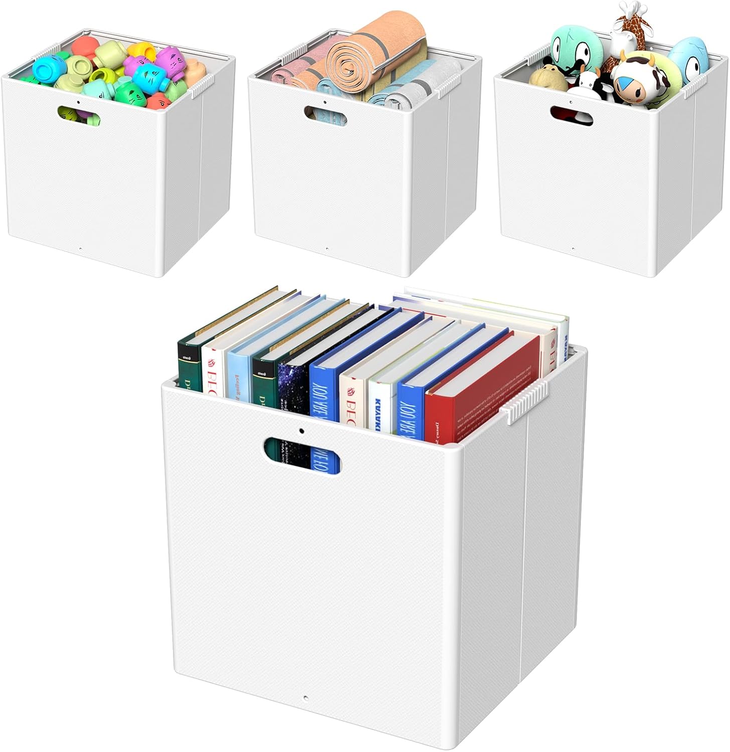 13 Inches Plastic Foldable Storage Cube Bins, Collapsible Storage Cubes, 4 Packs, White