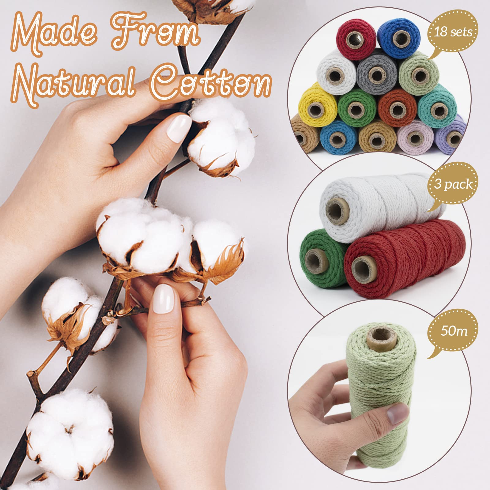 LEREATI Macrame Cord 3mm Set,150m Thick Macrame Cotton Rope Yarn,4 Strand Twisted Soft Macrame String Crafts,Plant Hanger,Wall Hanging,Gift Wrapping,DIY,Home Decoration (3 Color A),A) White,Red,Green - Image 3